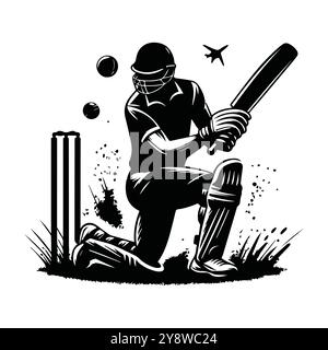 Illustration en noir et blanc capturant un joueur de cricket en action, mettant l'accent sur le mouvement et l'intensité du sport, conception vectorielle noire de joueur de cricket Illustration de Vecteur