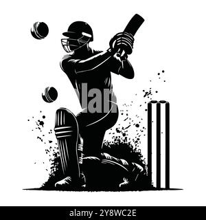 Illustration en noir et blanc capturant un joueur de cricket en action, mettant l'accent sur le mouvement et l'intensité du sport, conception vectorielle noire de joueur de cricket Illustration de Vecteur