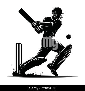 Illustration en noir et blanc capturant un joueur de cricket en action, mettant l'accent sur le mouvement et l'intensité du sport, conception vectorielle noire de joueur de cricket Illustration de Vecteur