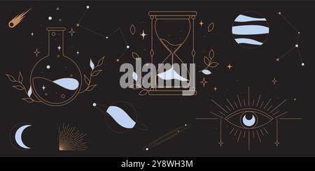 Vecteur mystique céleste ensemble a avec horloge de sable à contour doré, oeil, bouteille et phases de lune. Étiquettes linéaires occultes noires brillantes avec un cadre magique Illustration de Vecteur