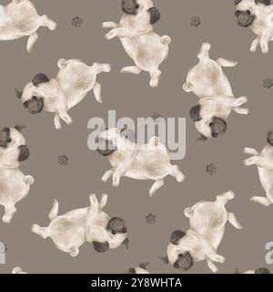 Modèle sans couture de chiens d'animaux et de pattes pour les enfants. Illustration dessinée à la main de carlin en cours d'exécution ou de saut sur fond isolé. Minimaliste scandinave Banque D'Images