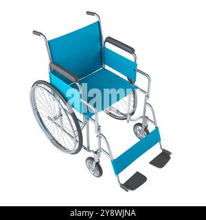 Vue en grand angle d'un fauteuil roulant bleu isolé sur un fond transparent 3D. Banque D'Images