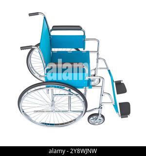 Fauteuil roulant bleu avec fond transparent de cadre métallique, concept médical 3D. Banque D'Images