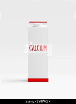 Carton de lait avec le mot calcium sur fond blanc. Mode de vie sain, solidité osseuse et apport en calcium des produits laitiers. rendu 3d. Banque D'Images