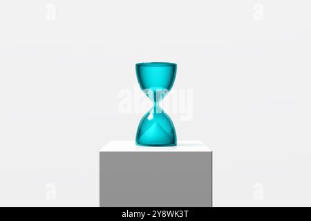 Sablier de sable bleu sur piédestal blanc sur fond blanc. Le temps passe, le temps s'épuise ou les concepts de date limite. Rendu 3D. Banque D'Images