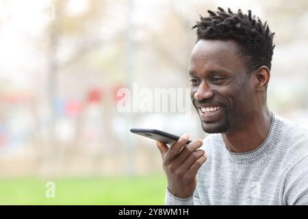 Homme noir heureux dictant un message sur le téléphone portable dans la rue Banque D'Images