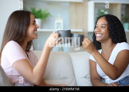 Heureux colocataires interraciaux toast parlant assis sur un canapé à la maison Banque D'Images