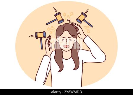 Une femme bouleversée est confrontée à des maux de tête au milieu des marteaux symbolisant le bourdonnement dans les oreilles ou le bruit des voisins. la fille souffre de maux de tête et a besoin de médicaments pour la migraine et d'autres maladies Illustration de Vecteur