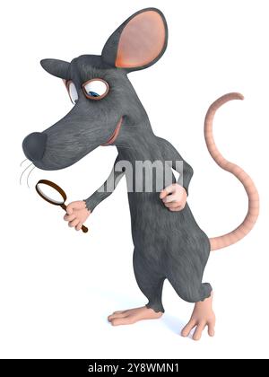 Rendu 3D d'une jolie souris de dessin animé souriante tenant une loupe, enquêtant sur quelque chose. Fond blanc. Banque D'Images