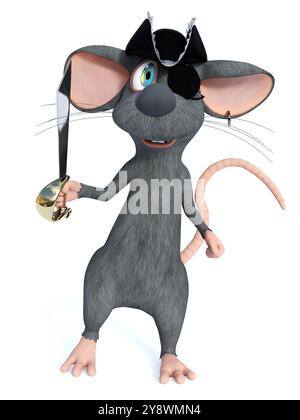 Rendu 3D d'un pirate de souris de dessin animé souriant mignon portant un cache-oeil et tenant une épée. Fond blanc. Banque D'Images