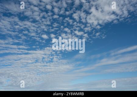 Ciel bleu vif, espace vide décoré de petits nuages blancs Banque D'Images