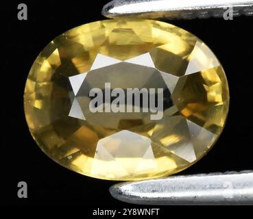 Une pierre précieuse saphir jaune captivante qui brille sous la lumière. Banque D'Images