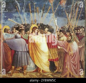 GIOTTO di Bondone (né en 1267, Vespignano, mort en 1337, Florence) No 31 scènes de la vie du Christ : 15. Baiser de Judas 1304-06 Fresco, 200 x 185 cm Cappella Scrovegni (Chapelle de l'arène), Padoue dans le baiser de Judas la scène est dominée par la figure massive de Judas, l'une des créations les plus impressionnantes de Giotto, et le balayage de son manteau alors qu'il tend la main pour embrasser Christ. La proximité du beau profil du Christ et du profil répulsif de Judas devient une confrontation du bien absolu et du mal absolu. *** Mots-clés : ************* Auteur : GIOTTO di Bondone titre : No. 31 Scen Banque D'Images