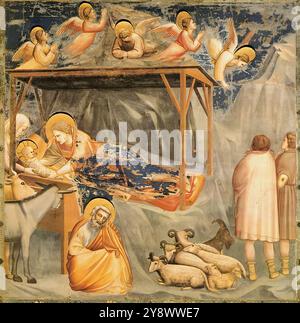 GIOTTO di Bondone (né en 1267, Vespignano, décédé en 1337, Florence) No 17 scènes de la vie du Christ : 1. Nativité : naissance de Jésus 1304-06 fresque, 200 x 185 cm Cappella Scrovegni (Chapelle de l'arène), Padoue les cinq scènes sur le mur de droite représentent la Nativité, l'Adoration des Mages, la présentation au Temple, la fuite en Égypte et le massacre des innocents. Le hangar bien construit dans la première scène réapparaît dans la seconde, placé à un angle légèrement différent. Le temple dans la troisième scène est le même que celui qui apparaît dans l'expulsion de Joachim du Temple et du présent Banque D'Images