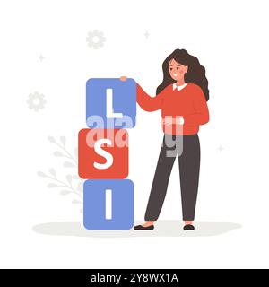 Service de mot-clé LSI. Indexation sémantique latente. Marketing des moteurs de recherche. Illustration vectorielle dans le style de dessin animé plat. Personnage féminin est engagé dans le Web Illustration de Vecteur