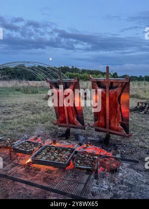 Asado argentin traditionnel, agneau et porcelet cuits lentement au feu de bois et badigeonnés d'une sauce chimichurri épicée Banque D'Images