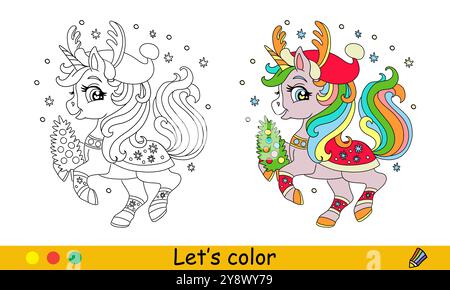 Enfants de Noël coloriant mignonne licorne dans le chapeau de Père Noël avec arbre de Noël. Illustration monochrome de dessin animé vectoriel avec échantillon de couleur. Page de livre de coloriage pour Illustration de Vecteur