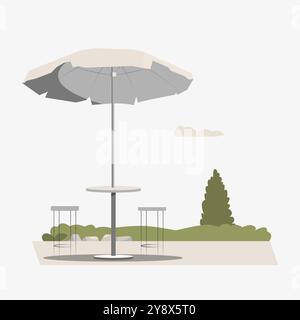 Meubles de patio sous un grand parasol en illustration vectorielle plate symbolisant les loisirs de plein air, la détente et les loisirs, isolés sur blanc Illustration de Vecteur