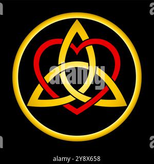 Triquetra entrelacé doré, entrelacé avec un symbole de cœur rouge, dans un cadre circulaire de couleur or sur noir. Un noeud celtique et une figure triangulaire. Banque D'Images