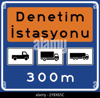 Poste d'inspection des autoroutes, panneaux d'information, panneaux routiers en Turquie. Panneaux de signalisation standard sur les autoroutes turques. (Turc : Karayolu Denetim İstasyonu, Illustration de Vecteur