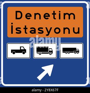 Poste d'inspection des autoroutes, panneaux d'information, panneaux routiers en Turquie. Panneaux de signalisation standard sur les autoroutes turques. (Turc : Karayolu Denetim İstasyonu, Illustration de Vecteur