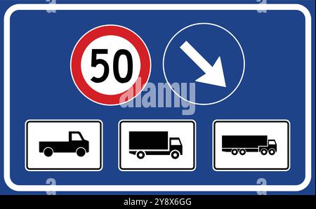 Poste d'inspection des autoroutes, panneaux d'information, panneaux routiers en Turquie. Panneaux de signalisation standard sur les autoroutes turques. (Turc : Karayolu Denetim İstasyonu, Illustration de Vecteur