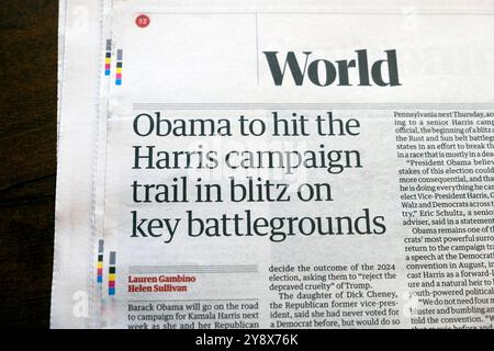 Le journal Guardian fait la une des manchettes de l'élection américaine 5 octobre 2024 Londres Royaume-Uni : « Obama va se lancer sur la piste de la campagne Harris dans un blitz sur les champs de bataille clés » Banque D'Images