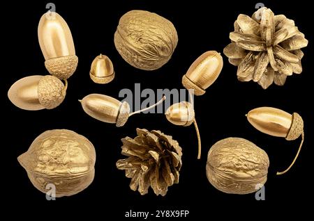 Collection dorée de plantes pour la pose à plat. Noix, cônes, glands sur fond blanc isolé. Élément de conception, découpé. Vacances, Noël, nouvel an, Banque D'Images