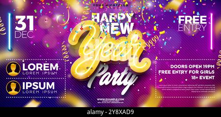 Bonne année 2025 Party Flyer Template illustration avec lettrage de typographie néon luminescent et boule de Noël sur fond de confettis tombant Illustration de Vecteur