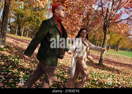 Un couple aimant se promène ensemble dans un magnifique parc d'automne, entouré de feuilles colorées. Banque D'Images