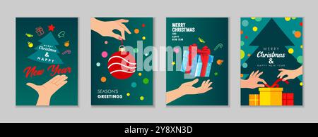 Bonne année 2025 et cartes de voeux de Noël ensemble avec des mains et des décorations de vacances. Ensemble de concepts de couverture premium avec les mains tenant la boule de Noël Illustration de Vecteur