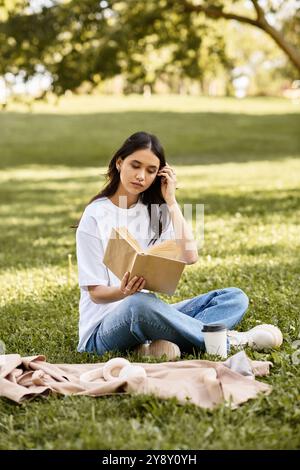 Une belle jeune femme est assise sur l'herbe, engrossée dans son livre par un jour ensoleillé d'automne. Banque D'Images