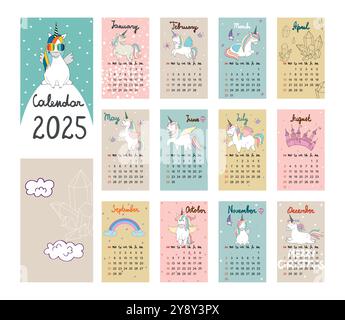 Calendrier vectoriel de dessin à la main 2025. Licornes mignonnes magiques. La semaine commence le dimanche. Illustration de Vecteur
