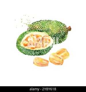 Fruit jackfruit à l'aquarelle dessiné à la main. Illustration vectorielle. Illustration de Vecteur