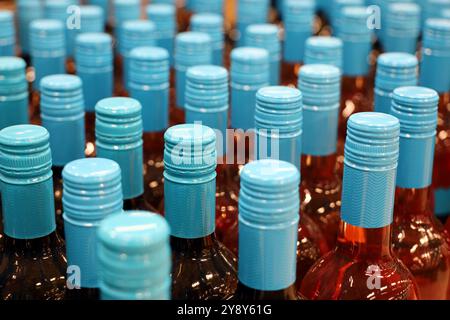 Bouteilles de vin dans une rangée, focus sélectif. Magasin d'alcool, production et vente au détail de vin rouge et rose Banque D'Images