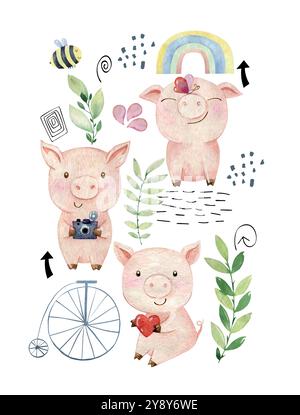 Affiche vectorielle d'aquarelle avec des cochons. Composition pour carte de voeux et etc Décoration murale. Illustration de Vecteur