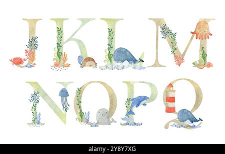Lettres vectorielles d'animaux de mer à l'aquarelle pour carte d'invitation, affiche de pépinière et autre. Illustration de Vecteur