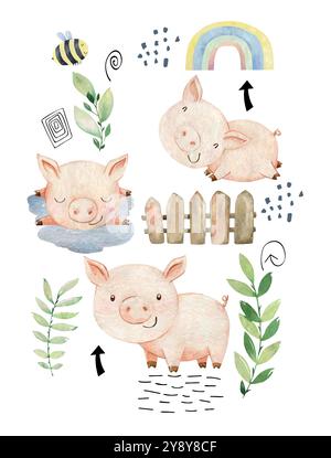 Affiche vectorielle d'aquarelle avec des cochons. Composition pour carte de voeux et etc Décoration murale. Illustration de Vecteur