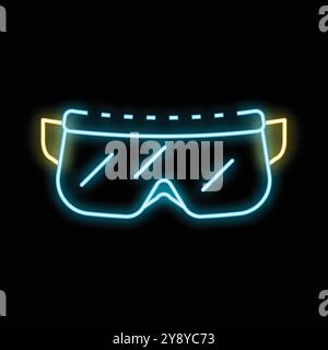 Enseigne lumineuse au néon bleu représentant des lunettes de sécurité, généralement portées dans les environnements de laboratoire ou de construction, sur fond noir Illustration de Vecteur