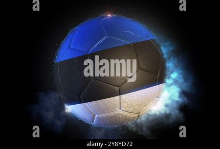 Ballon de football avec le drapeau de l'Estonie est entouré de fumée bleue sur un fond noir. Illustration 3D. Banque D'Images