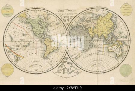 Vintage 19ème siècle carte du monde, montrant deux projections d'hémisphère. 1831 Banque D'Images