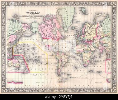 1860 Mitchell carte du monde. centré sur les continents américains. Vintage 19ème siècle carte du monde. Imprimé en 1864 Mitchell Atlas. Banque D'Images