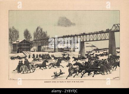 Mississipi River Ice Track, illustration vintage du carnaval d'hiver du Palais de glace à St-Paul, Minnesota, 1887 Banque D'Images