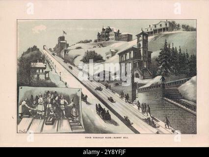 Toboggan à fin, Ramsey Hill. Illustration vintage du carnaval d'hiver du Palais de glace à St-Paul, Minnesota, 1887 Banque D'Images