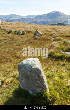 Les cercles de pierres de Burnmoor perchés sur de hautes landes, datent d'environ 2000 av. J.-C., Burnmoor près de Boot, Eskdale Banque D'Images