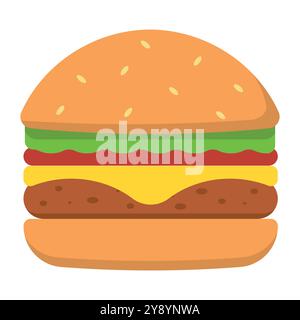 Délicieux cheeseburger avec laitue croustillante, tomate fraîche et fromage fondu dans un pain mou aux graines de sésame Illustration de Vecteur