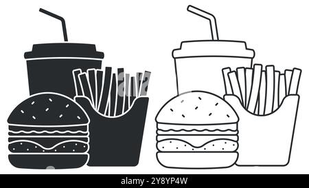 Une illustration attrayante de délicieux hamburgers, frites croustillantes et une boisson dans deux styles artistiques, mettant en valeur le plaisir Illustration de Vecteur