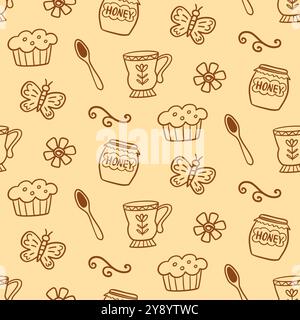 Tasses à thé confortables muffins Doodle Cute Seamless Pattern Illustration de Vecteur
