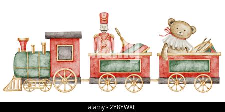 Entraînez-vous avec l'illustration aquarelle de jouets rétro. Dessin de locomotive vintage avec ours en peluche, soldat et tambour pour cartes de voeux enfantines ou invitations pour enfants. Art pour Noël et carte postale du nouvel an. Banque D'Images