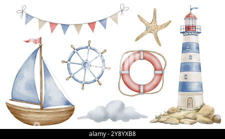 Aquarelle clipart ensemble avec phare et navire pour carte de voeux de fête de bébé ou mur de pépinière vus Dessin de balise et voilier dans les couleurs bleu pastel et beige sur fond isolé. Design enfantin Banque D'Images